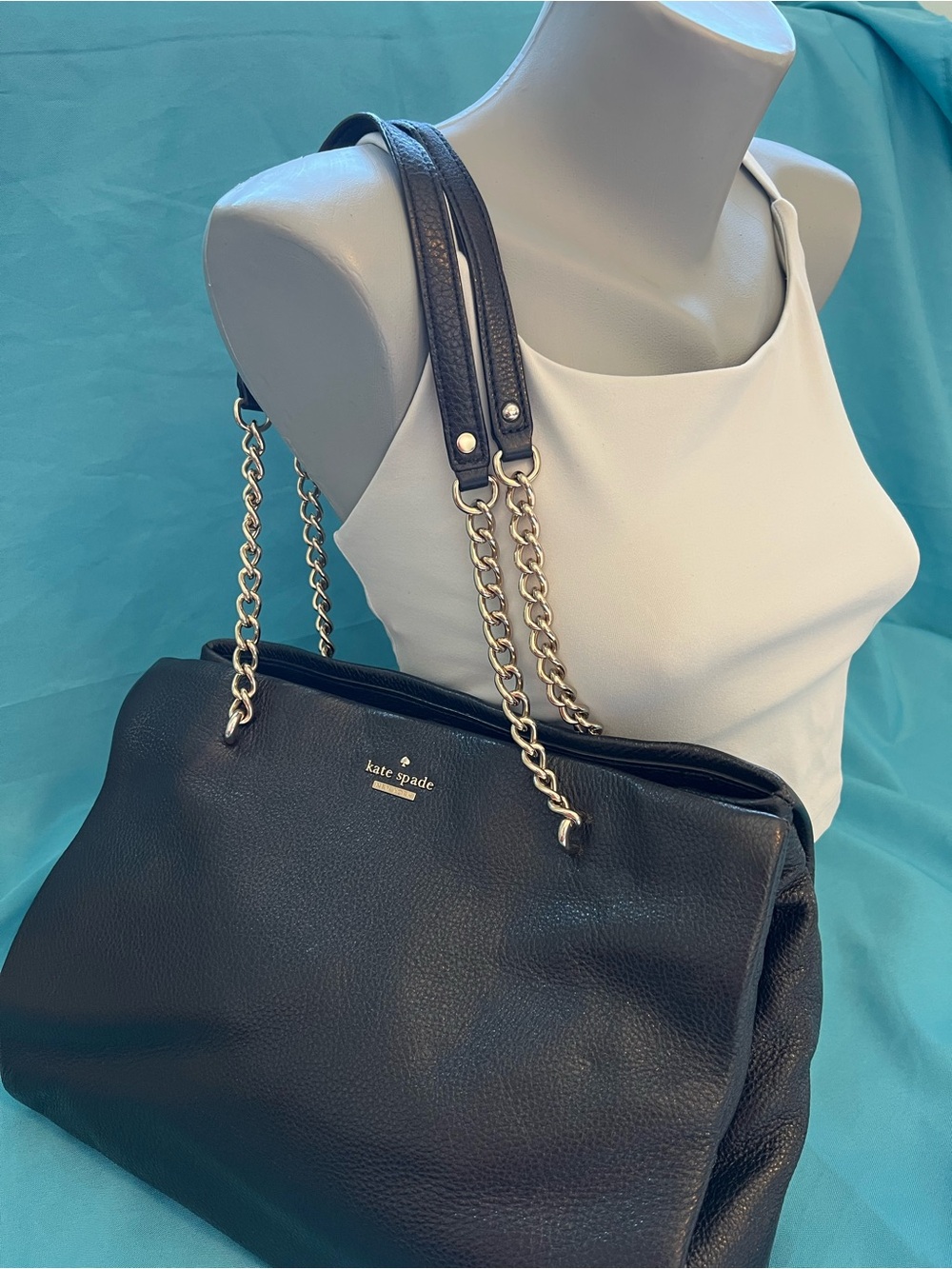 Kate Spade Black Pebbled Leather Shoulder Bag with Chain Straps